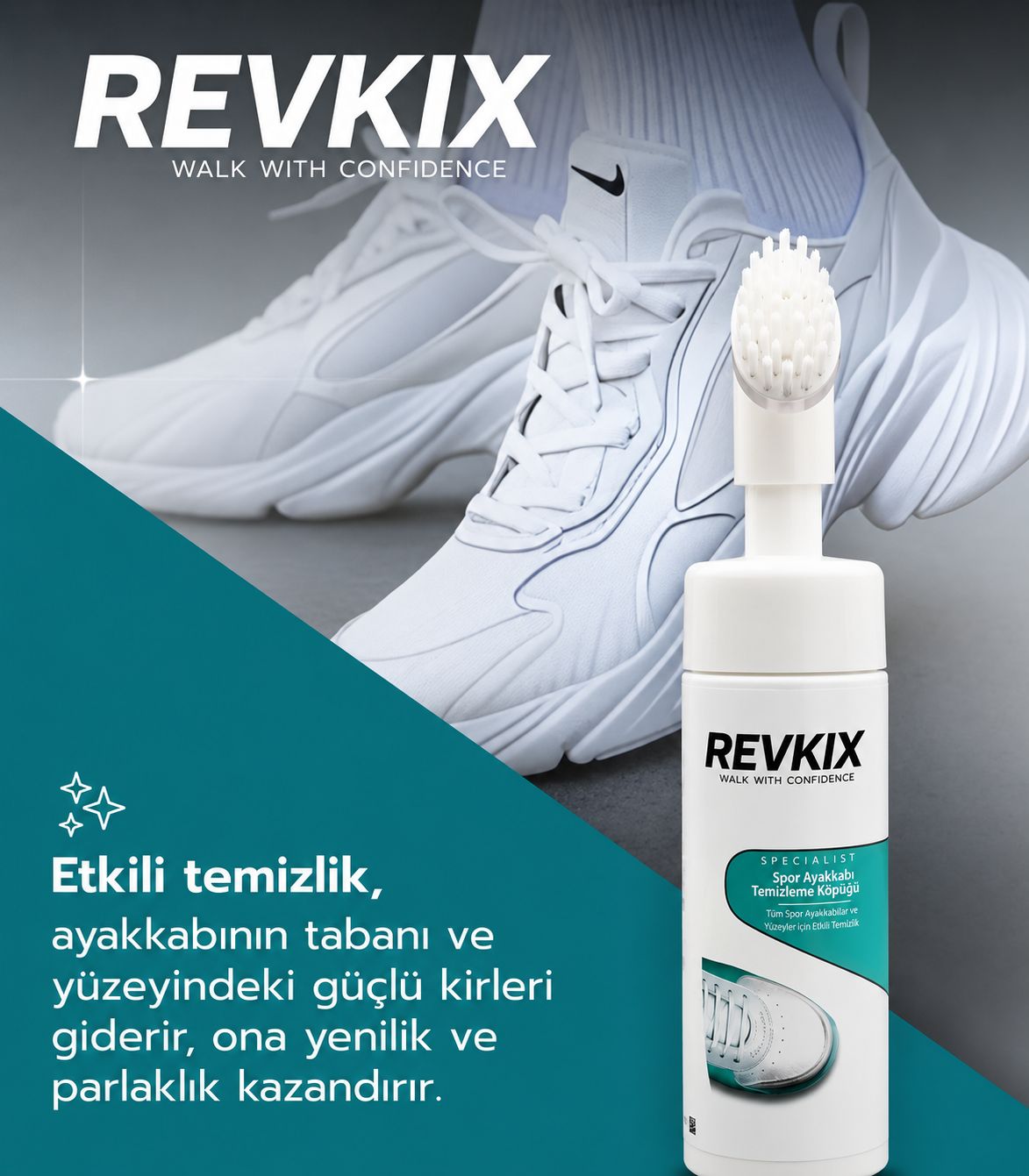 REVKIX | Fırçalı Spor Ayakkabı Bakım Temizleme Köpüğü Güçlendirilmiş Formül 150 ML